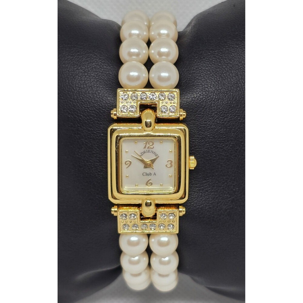 Women's Adrienne Club A Fancy Gold Tone Rhinestone Pearl Bracelet Band Watch 10